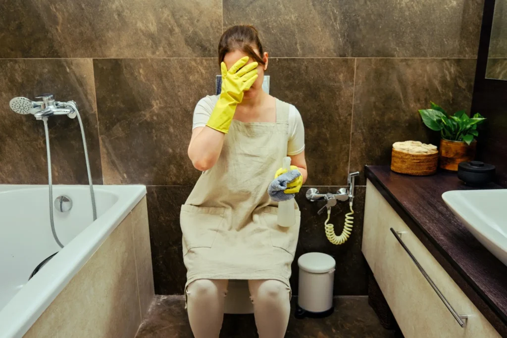 Person fühlt sich unwohl wegen hartnäckiger Verfärbungen in der Toilette bei Besuch