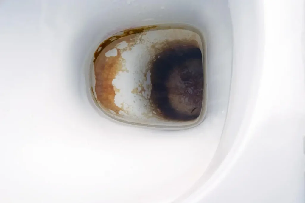 Kalkablagerungen unter der Porzellanoberfläche der Toilette im Querschnitt dargestellt